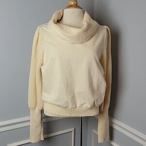 DOLAN | ANTHRO Cream Cowl Neck‎ Ribbed Puff Shoulder Mixed Media Knit Sweater L